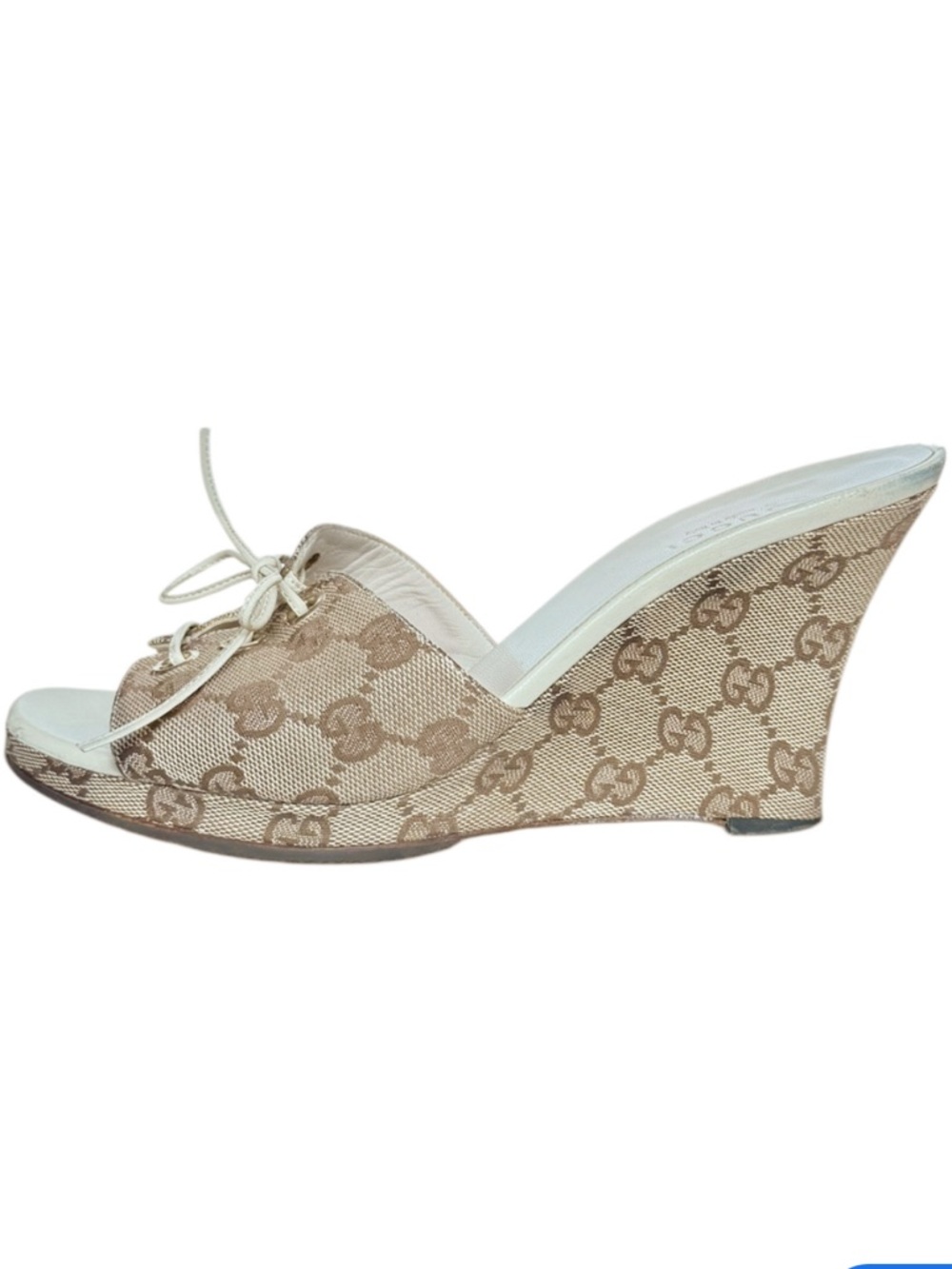 Gucci GG Monogram Open Toe Wedge Heel Slides in Beige Size 8